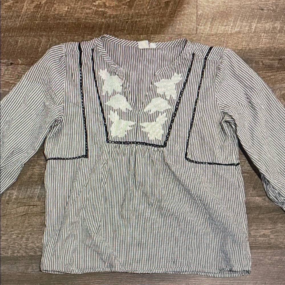 GAP Navy and White Striped Embroidered Peasant Blouse